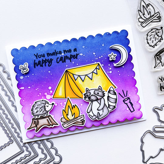 Happy Camper card using Happy Camper stamps and dies, Scallops & Dots dies, Midnight and assorted ink pads.