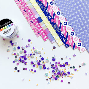 Happy Hearts Patterned Paper laid out with Loveladies sequins