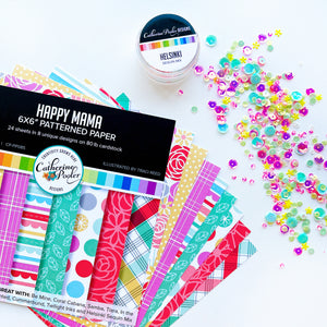 Happy Mama Patterned paper fanned out with Helsinki sequins