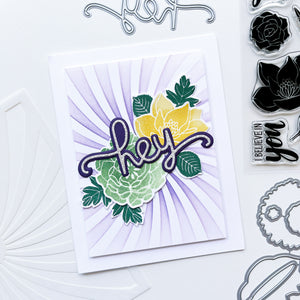 Hey card using Hey word dies, You've got Flowers Stamps & dies, Twisted Sunburst stencil, Crushed Violet, Whipped Honey, Matcha, and Spruce ink pads.