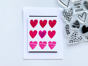 Hip Hearts Stamped in Reds and pinks grid I Love you Card