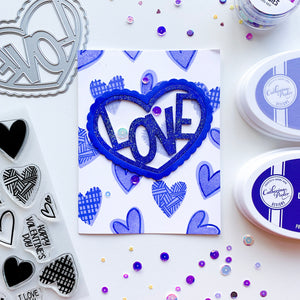 Blue Love In Heart over blue heart stamped background