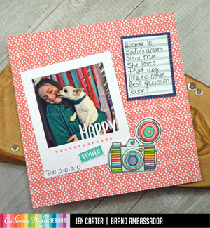Scrapbook page with hipster patterned paper and oh snap! stamps