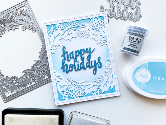 Holly Framed Cover Plate Die on It's a Boy Blended background around Happy Holidays diecut