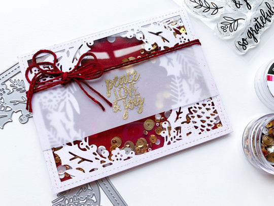 Holly Framed Cover Plate Die Shaker Card over Cranberry Fizz background and Oak City Sequins