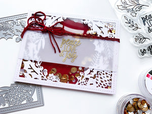 Holly Framed Cover Plate Die Shaker Card over Cranberry Fizz background and Oak City Sequins