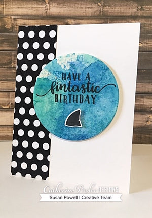 birthday card with watercolor circle and shark fin