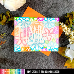 Thank you sentiment with multicolored Flower Burst Cover Plate Die background
