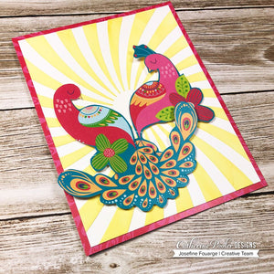 card with peacocks and twisted sunburst