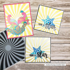 three cards made with twisted sunburst stencil