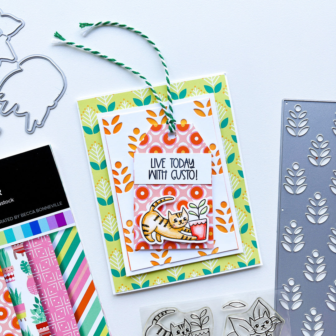 live today with gusto card with potted patterned paper