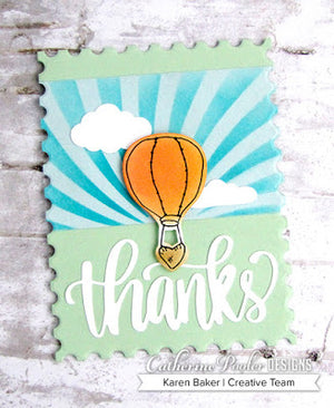thanks card with hot air balloon over twisted sunburst