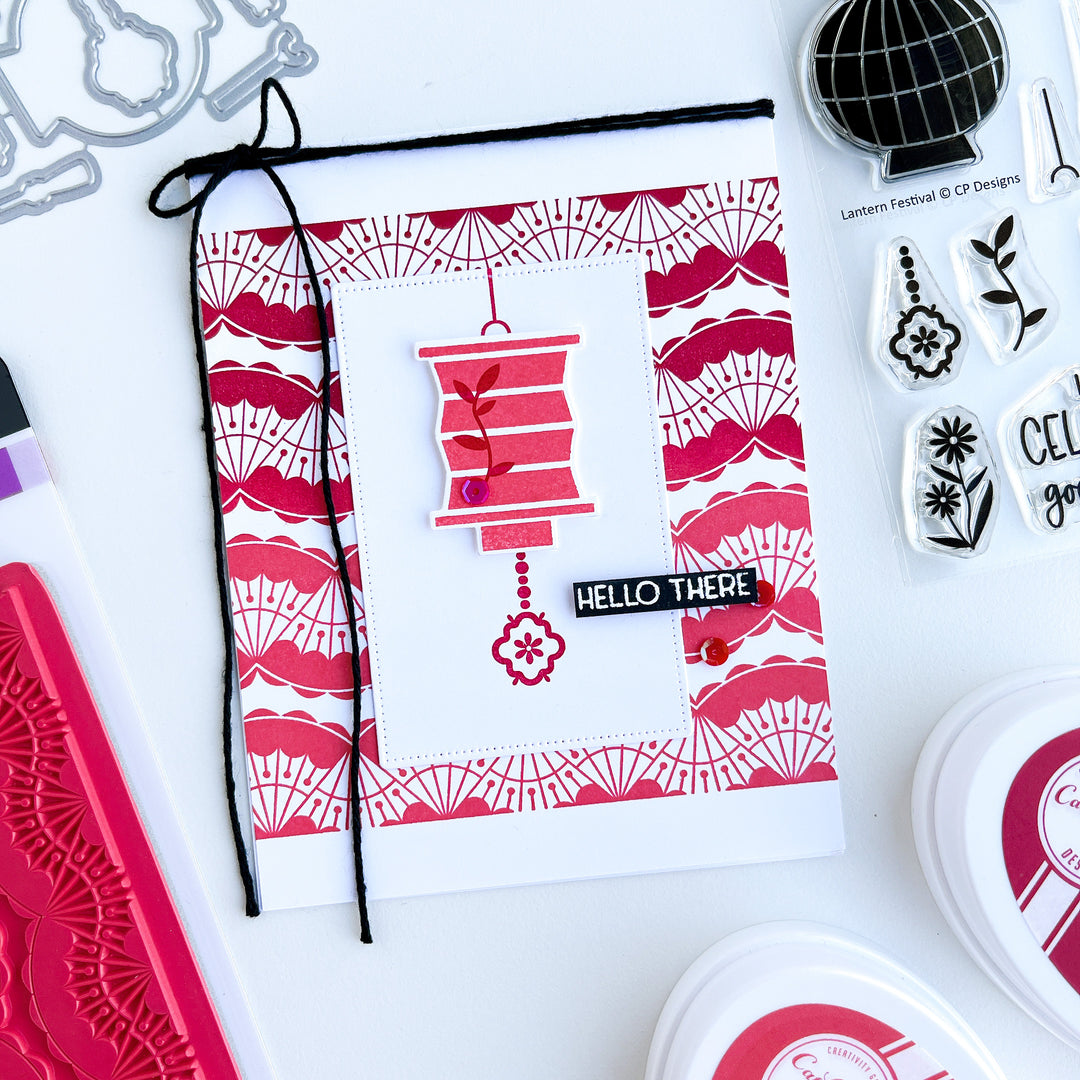 Red Ombre lantern over ombre stamped fan dance background card
