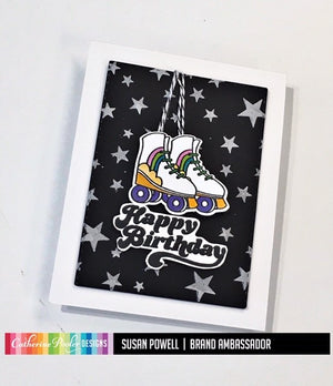 happy birthday card with star background and roller skates