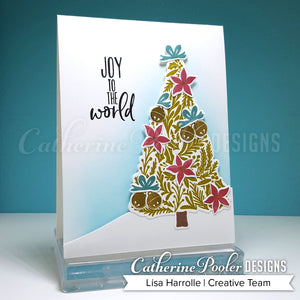 Joy to the world sentiment with gold Christmas tree and blue ink blended background