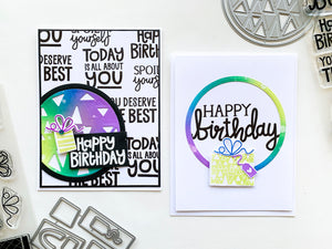 Two happy birthday cards with party print circles