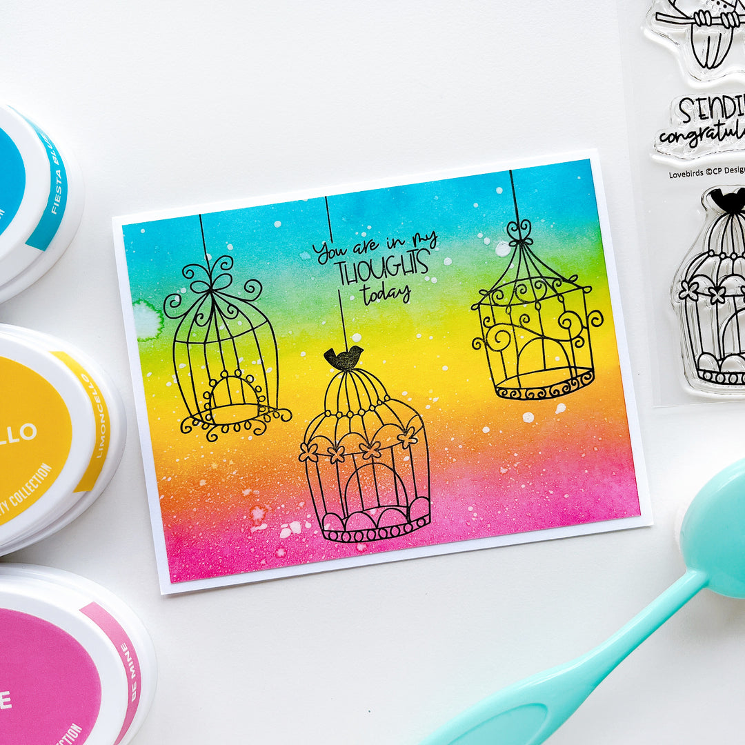 In my thoughts card using Lovebirds stamp set, Fiesta Blue ink pad, Limoncello ink pad, Be Mine ink pad and a large blending brush. 