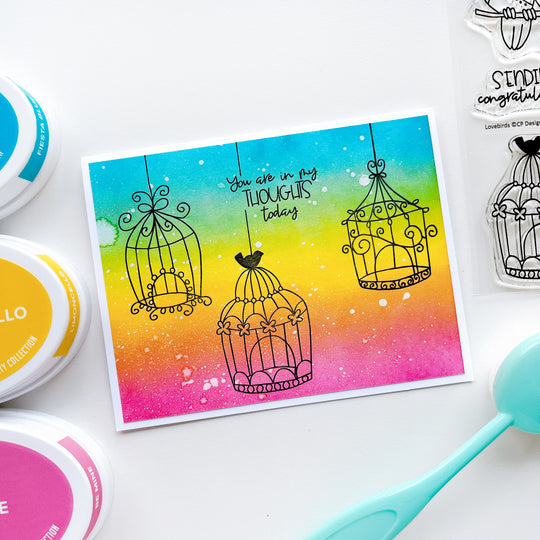 In my thoughts card using Lovebirds stamp set, Fiesta Blue ink pad, Limoncello ink pad, Be Mine ink pad and a large blending brush. 