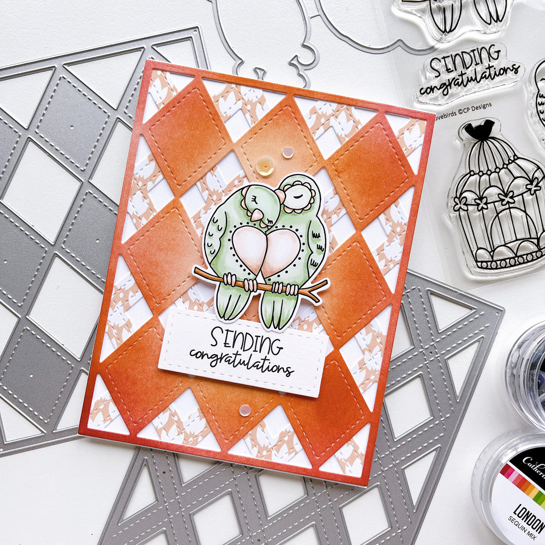 Sending Congratulations card using Lovebirds stamp set and dies, Stitch your Diamonds cover plate die, Cross your X's cover plate die, Twilight Reading patterned paper, Midnight ink pad and London sequin mix.