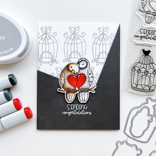 Sending Congrats card using Lovebirds stamp set and dies, Twilight ink pad and Copic markers.