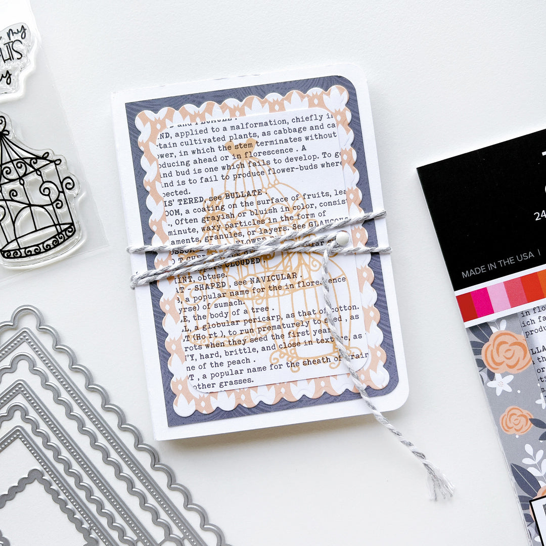 Birdcage card using Twilight Reading Patterned paper, Scallops & Dots Dies, Lovebirds stamp set