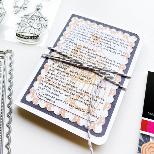 Folder using Twilight Reading patterned paper, Scallops & Dots dies, Lovebirds stamp set and Apricot ink pad.