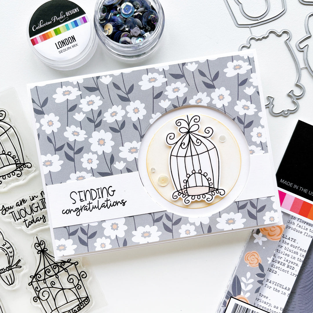 Sending Congrats card using Twilight Reading patterned paper, Lovebirds stamp set and dies, and London sequins. 