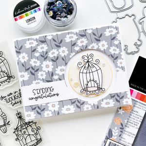Birdcage Congratulations card with Twilight Reading patterned paper, Lovebirds stamp set and dies, and London sequins
