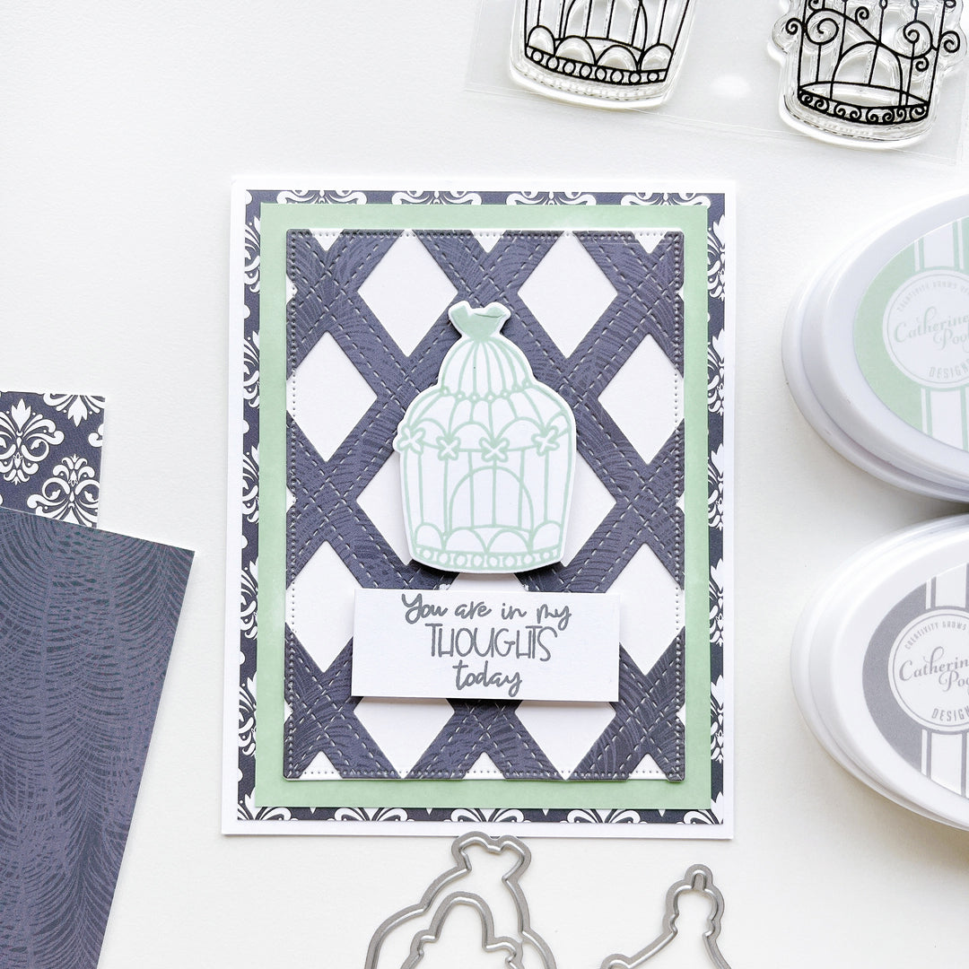 In my thoughts card using Lovebirds stamp set and dies, Twilight Reading patterned paper, Cross your X's Cover plate die, Twilight and Wintergreen ink pads.