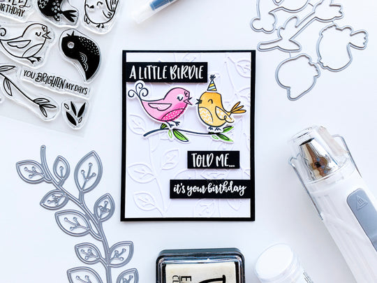 Pink and yellow Lovely Birdie with Birdie's Branch white on white background