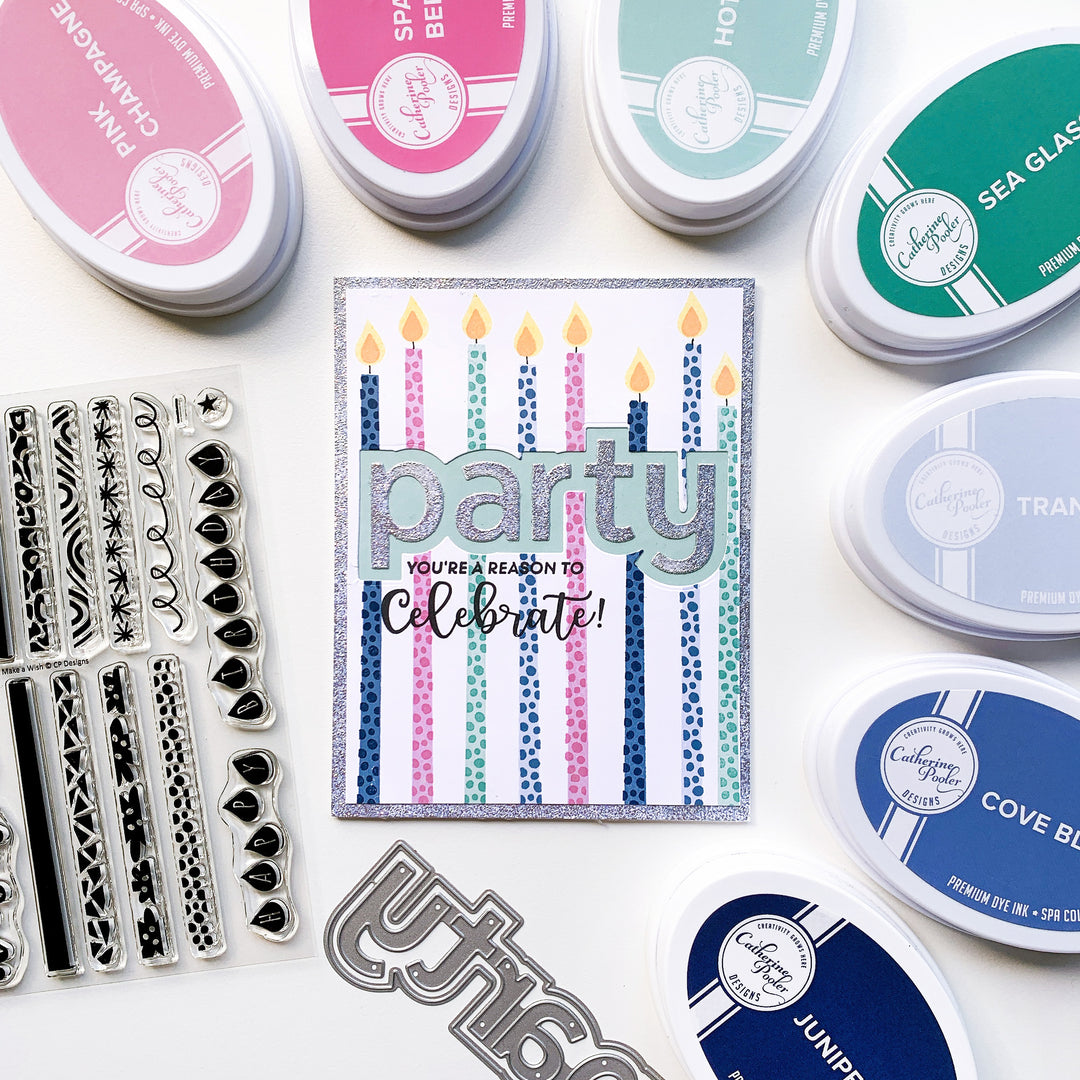 Glittered Party Word Die over stamped candles