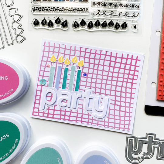 Party cut out over Sparkling Berry Scribbled Grid Background