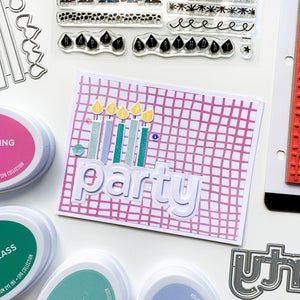 Party card with scribble grid background stamp