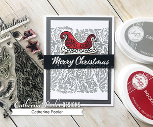 Merry Christmas sentiment with red sled and grey holly background
