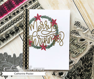 Gold embossed merry Christmas sentiment with wreath and checkered border
