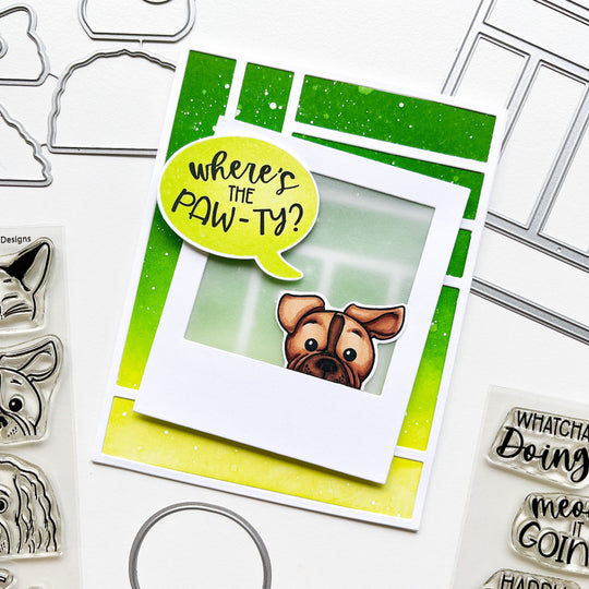 Where's the Paw-ty card using Parqs & Rec cover plate die, More Peeking Pets stamps & dies, Look Who's Talking Sentiments stamps & dies, Instant Thanks dies, Midnight, Grass Skirt, Lime Rickey, Melon Ice and Chiffon ink pads.   
