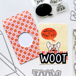 Where's the Pawty card using More Peeking Pets stamps & dies, Look Who's Talking Sentiments stamps & dies, Parisian Portico Background stamp, Potted patterned paper, Woot word die, Midnight, Whipped Honey, Flame and other ink pads.