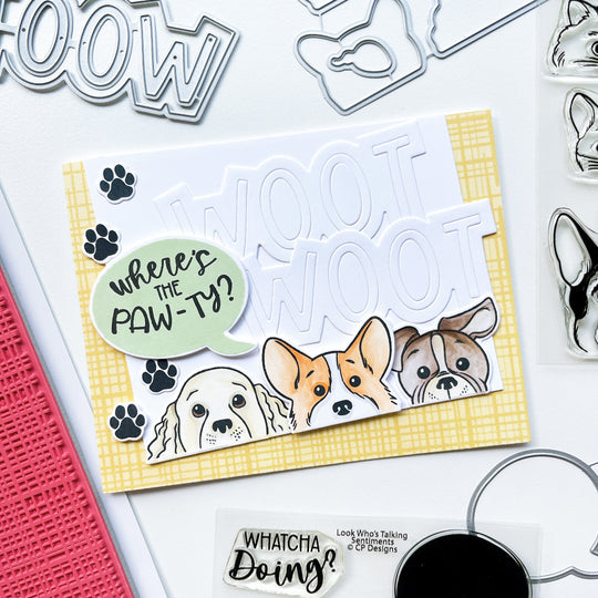 Where’s the Pawty card using Look Who’s Talking Sentiments stamps & dies, More Peeking Pets stamps & dies, Woot word die, Laundered Linen background stamp, Midnight, Matcha, Whipped Honey and other ink pads.