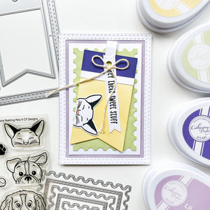 Sweet Stuff card using More Peeking pets stamps & dies, Notecard Postage dies, Notecard Frame & Tag dies, Sentiment Banner dies, Notes of Love Sentiments Stamp set, Midnight, Whipped Honey, Matcha, Crushed Violet and Lilac ink pads.