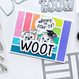 Where's the Paw-ty card using More Peeking Pets stamps & dies, Peeking Pets stamps & dies, Look Who's Talking Sentiments stamps & dies, Woot word die, with Midnight and assorted ink pads.