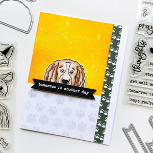 Tomorrow card using More Peeking Pets stamps & dies, S'mores Please patterned paper, Typed Up Sentiments Stamp set, Sentiment Banner dies, Midnight and other ink pads, and White embossing powder.