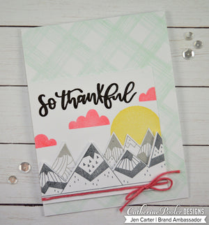 so thankful card with mountain of thanks stamp over sketch plaid background