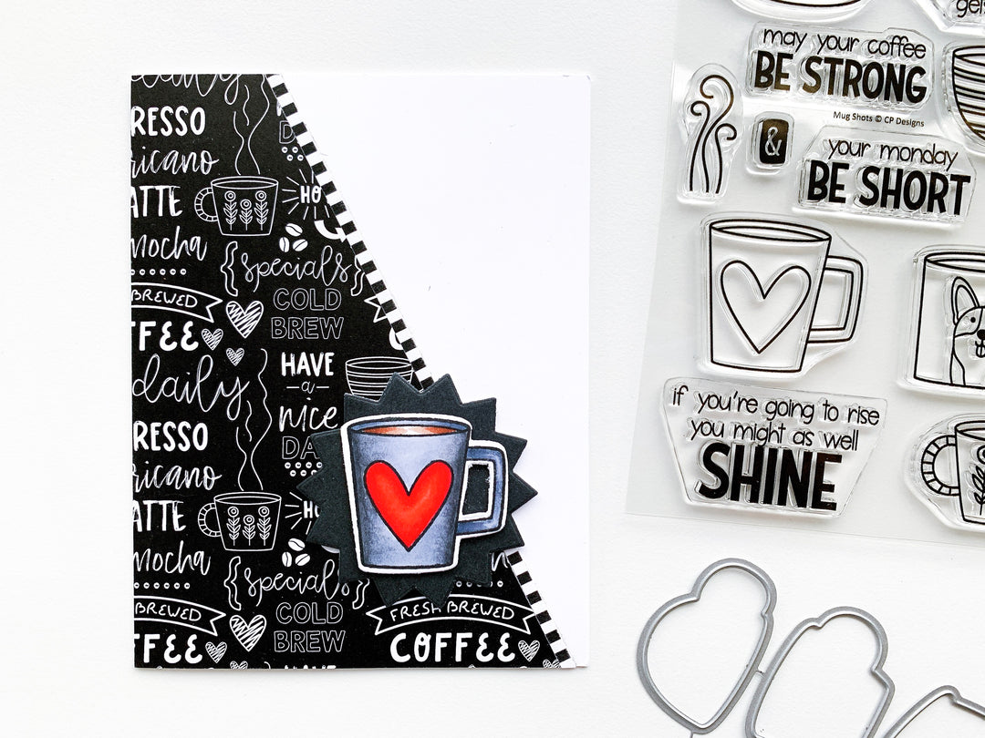 Diagonal cut blackboard patterned paper with red heart mug
