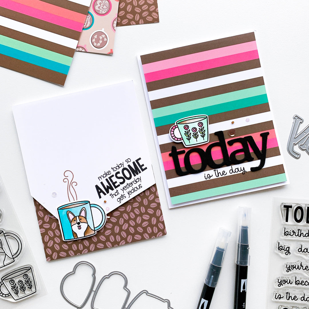 Two cards with mugs and patterned papers