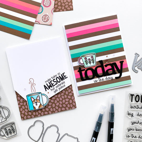 Two cards with mugs and patterned papers