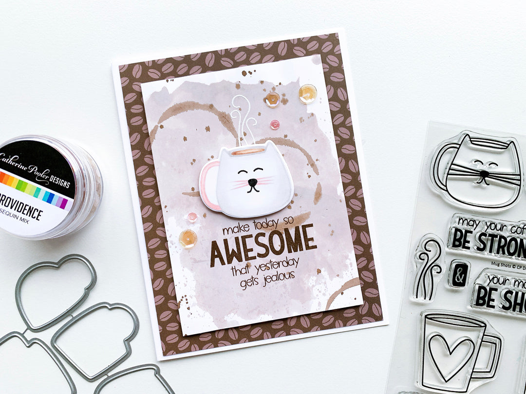 Cat Mug over coffee rings paper and bean patterned paper background