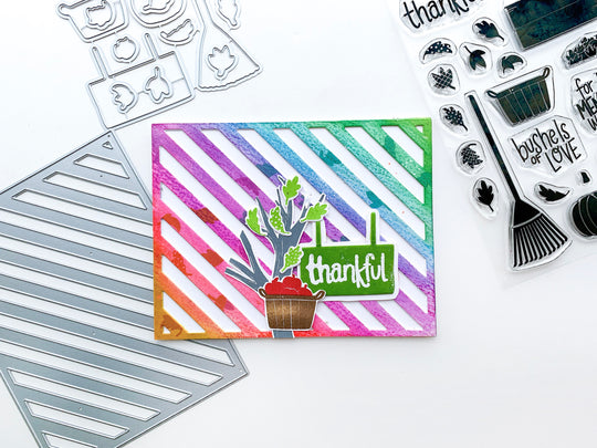 Card with narrow stripe cover plate and bushels of love stamp