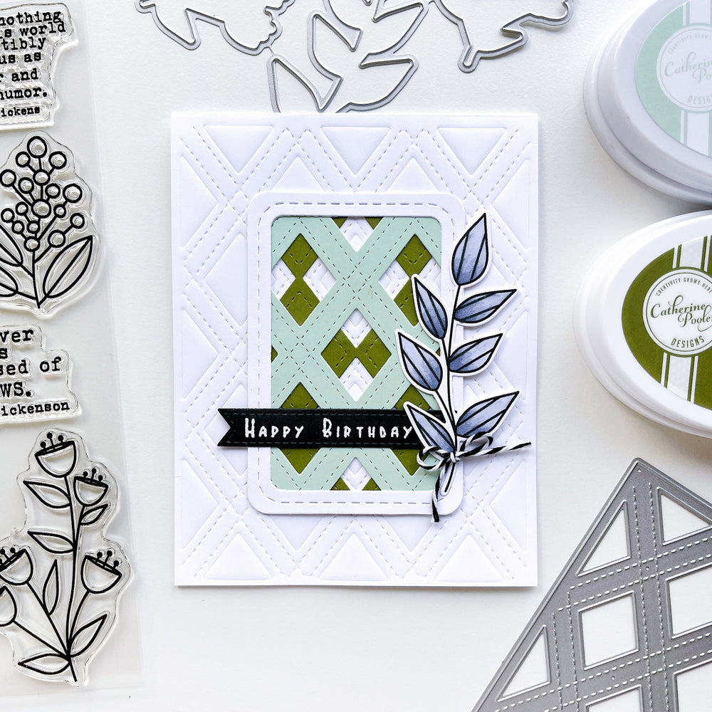 Happy Birthday card using Notable & Quotable  Sentiments stamps, Notable Floral dies, Cross your X's Cover Plate die, and Stitch Your Diamonds Cover Plate Die 
