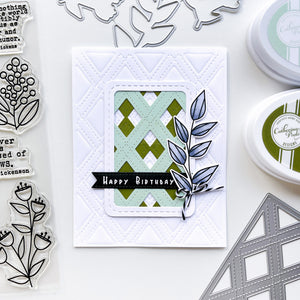 Happy Birthday card using Cross your X's cover plate die, Stitch your Diamonds cover plate die, Notable & Quotable Sentiments stamp set, Notable Floral dies, Wintergreen and Eucalyptus ink pads, and Opaque White embossing powder.