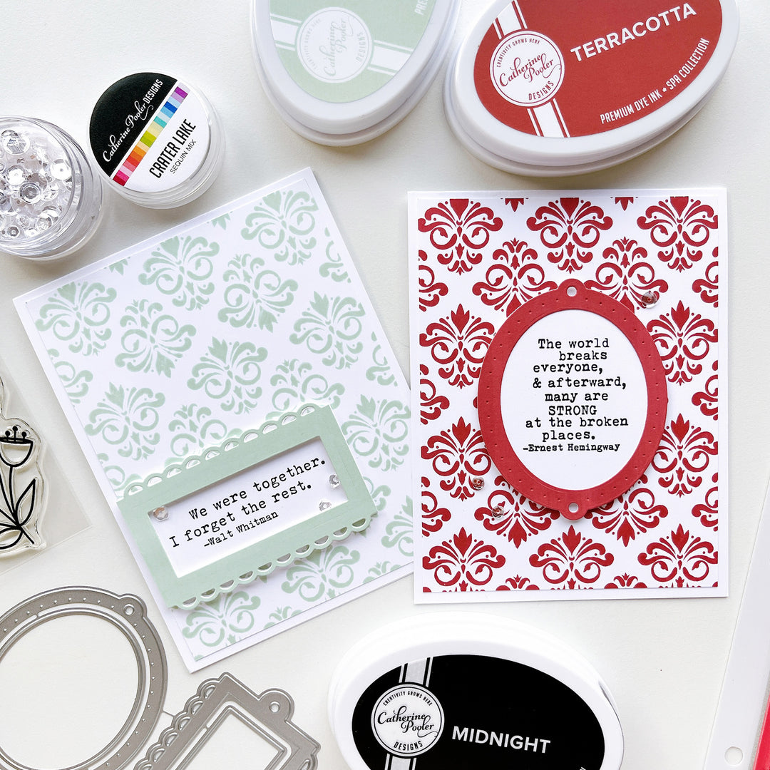 Whitman and Hemingway quote cards using Filigree Background Stamp, Terracotta and Wintergreen ink pads, Ex Libris dies, Notable & Quotable Sentiment Stamps and Crater Lake sequins